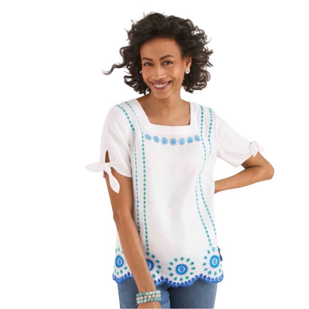Talbots 55% Linen Embroidered Square Neck Top - Size M - Picture 11 of 12